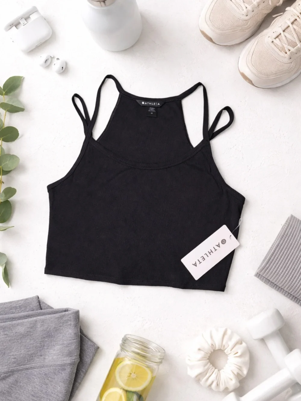 NWT Athleta Signature Rib Wide Binding Tank Black Cropped Medium - Picture 1 of 3